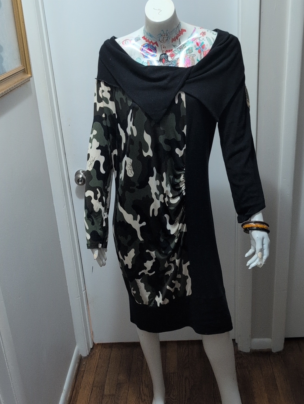 Baby Phat Black and Green Cowl Neck Long Sleeve Dress